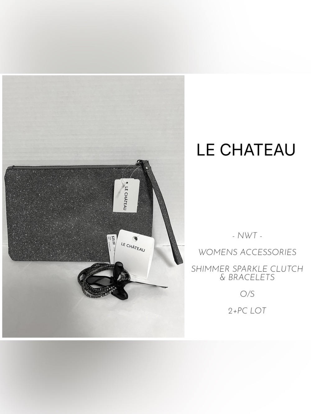 LE CHATEAU - NWT - 2+PCS - GREY SHIMMER SPARKLE CLUTCH AND BRACELETS